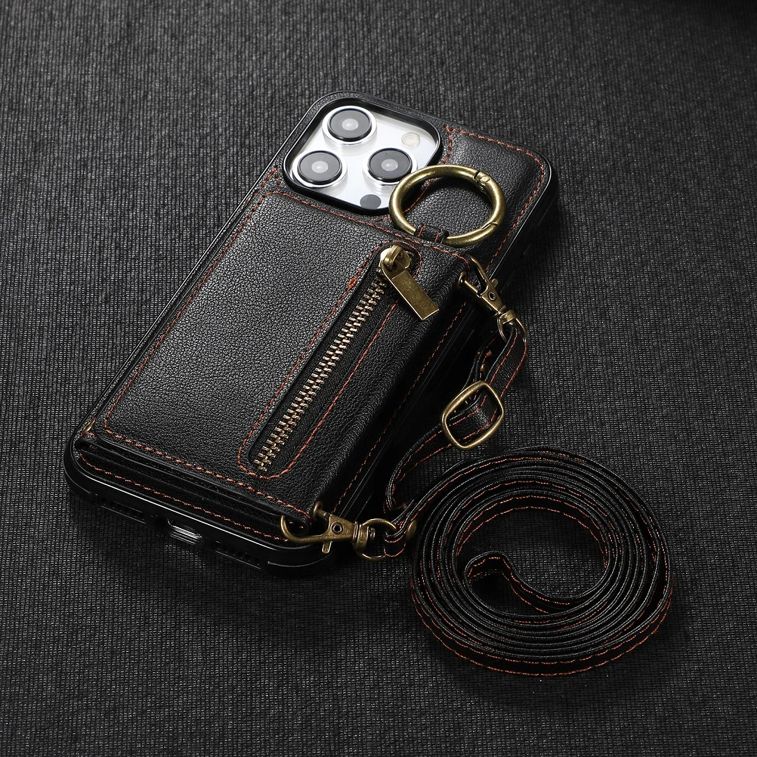 thumbnail image 1 of Funda de cuero con correa para el hombro para iPhone, funda de lujo con cremallera para tarjetas, 11, 12, 13, 14, 15, 16 Pro Max Plus, funda con cordón para teléfono, 1 of 5
