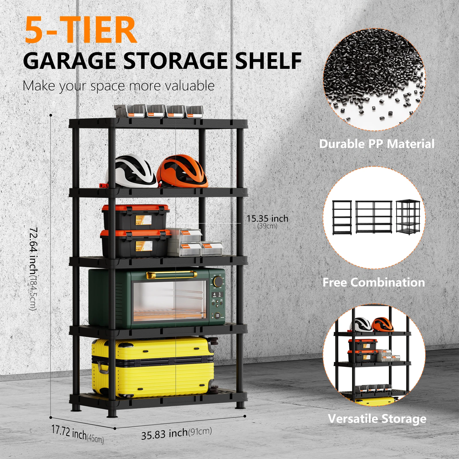 LEADLOONG 5-Tier Plastic Garage Storage Shelf Heavy Duty Storage Racks Plastic Shelves for Garage Kitchen Home Office
