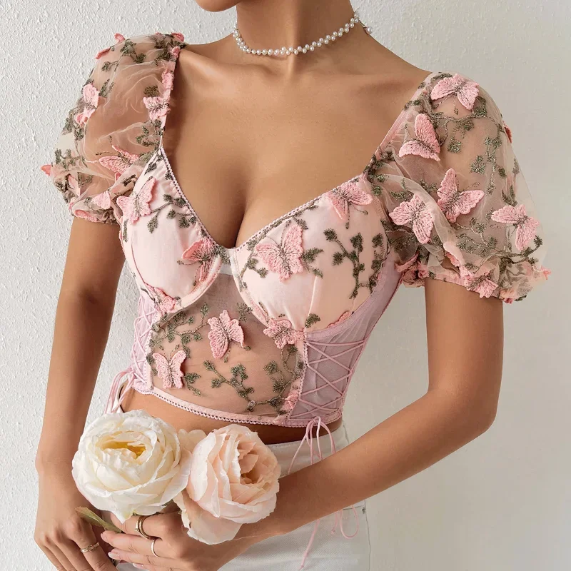 Backless Woman Blouse Fishbon Corset Built In Bra Butterfly Embroidery Mesh Patchwork Lace-up Blouses Female Dropshipping