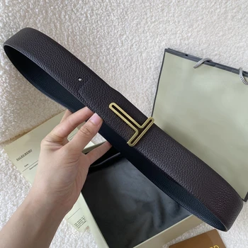 High quality top luxury designer brand T-buckle belt 2025 double-sided men's genuine leather denim belt business