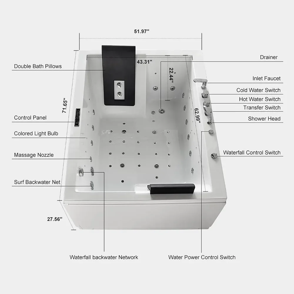 Whirlpool Bathtub for 2 People, Spray Bathtub, 71 Inch Massage Belt, 18 Water Nozzles+20 Air Nozzles, White Color Therapy 4