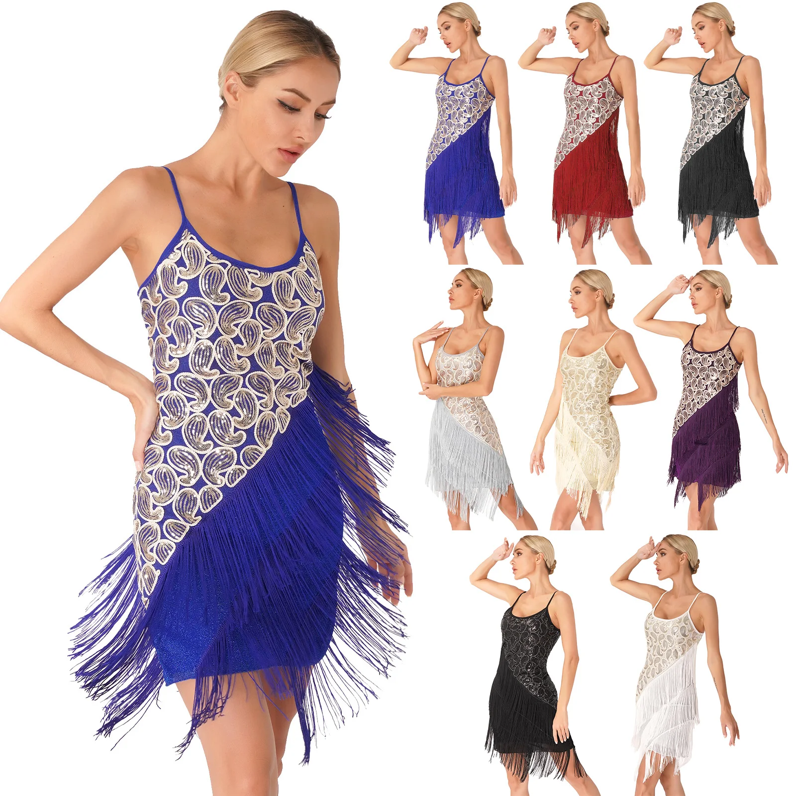 Women Dancewear Glittery Sequin Fringed Dress Sequins Tassels Dress ...