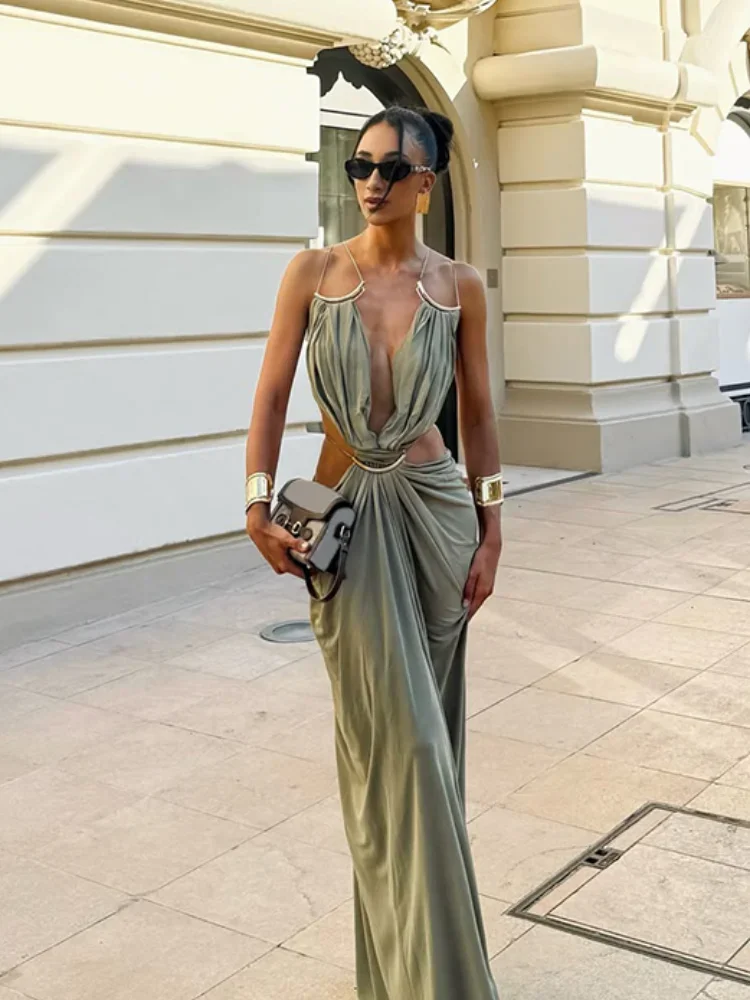 Elegant Deep V Spaghetti Strap Maxi Dress Women Metal Ring Cut Out Waist Ruched Backless Buckle Dinner Gown Party Holiday Outfit