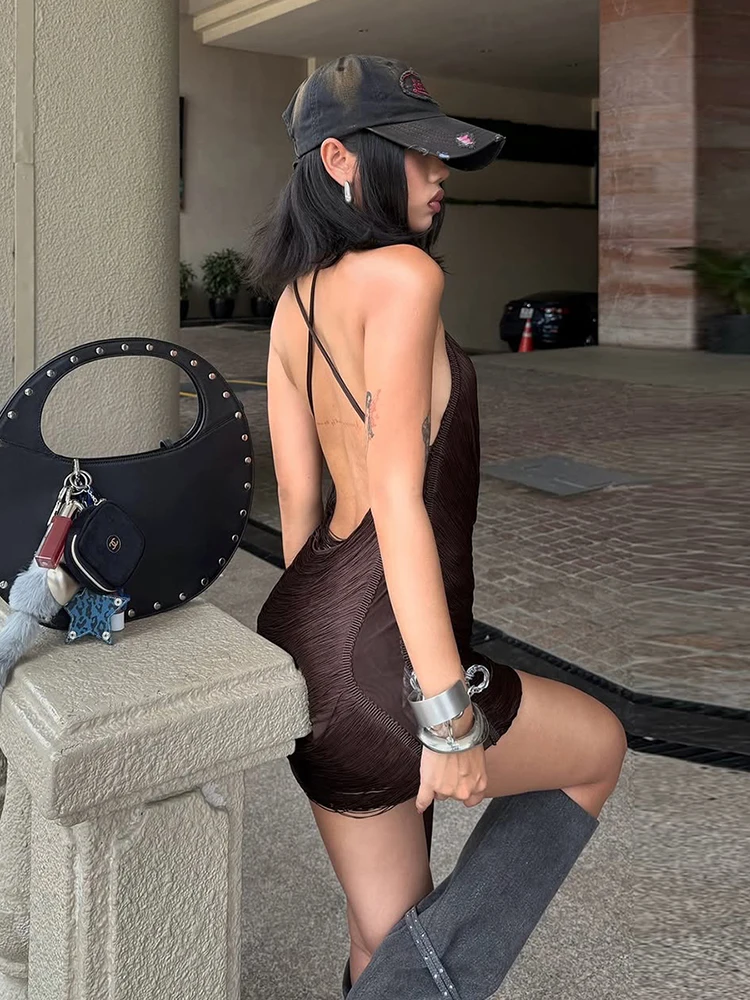 Nibber Chic Tassel Swing Collar Dress Women Sexy Halter Backless Sleeveless Skinny Midnight Street Club Basic Wild Mini Bodycon