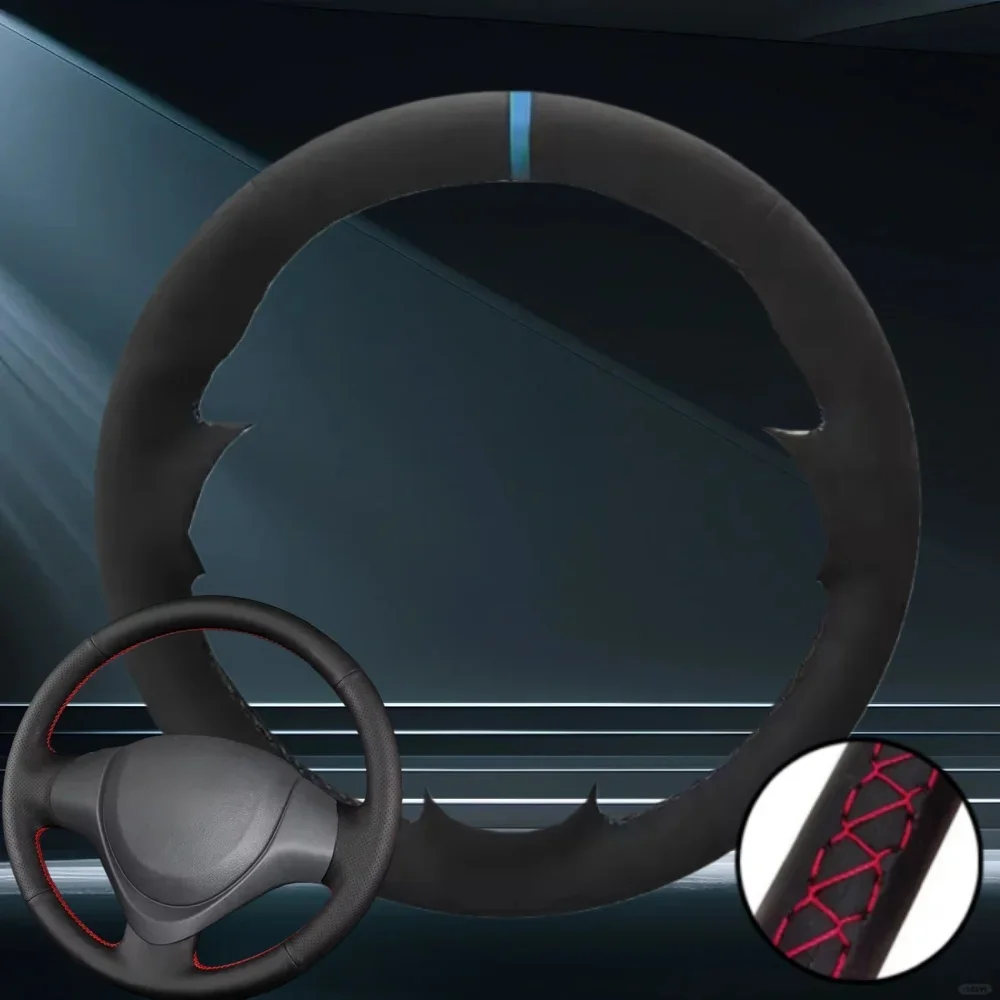 Premium Black Suede Leather Breathable Hand-Stitched Car Steering Wheel Cover
