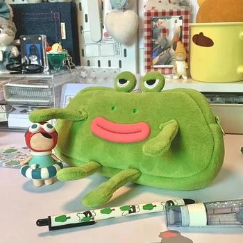 Organizer da tavolo borsa per penna a forma di rana a bocca grande astuccio per cosmetici di grande capacità astucci per matite con cerniera in peluche ufficio scolastico