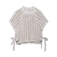 Hollow Out Knit Pullover Women Casual Round Neck Lace Up Bow Sweater Female Autumn Short Sleeves Solid Knitwears Lady