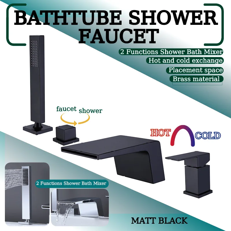 4Hole Bathtub Shower Concealed Faucet with Pull Out Handheld Shower Hot Cold Mixer and 2 Mode Adjustable Chrome Black