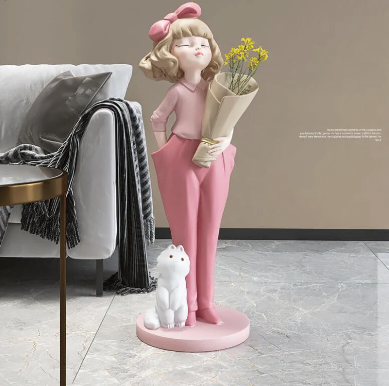

Nordic Large Floor Storage Tray Bouquet Girl Resin Accessories Home Livingroom Sculpture Crafts Lobby Store Figurines Decoration