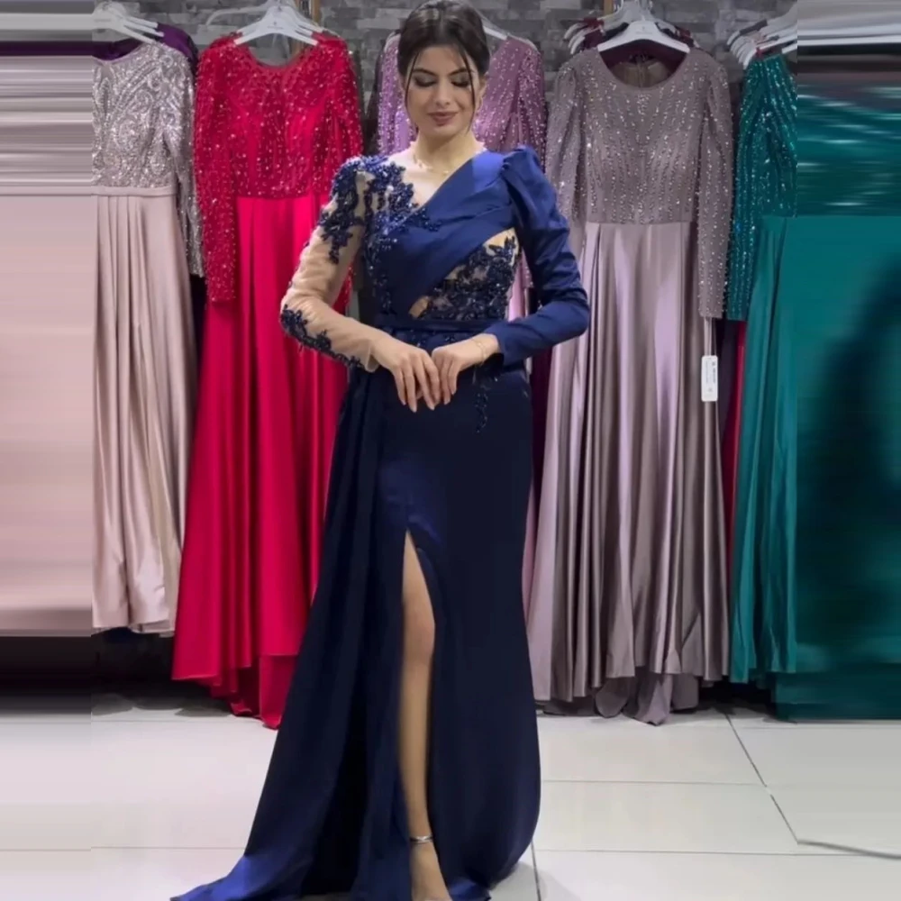 

Carolina Pleated Satin Evening Dresses Sequined Long Sleeves 2023 Saudi Arabia Women Wedding Guest Elegant Formal Party Gowns