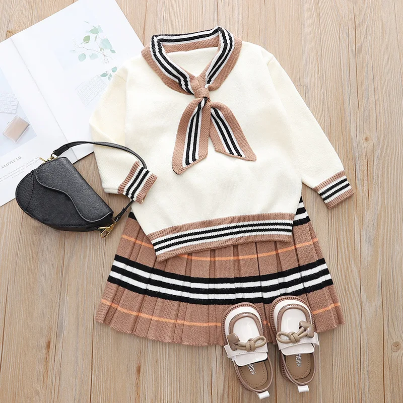 

Girls Sweater Clothing Set 2023 Spring Autumn Fashion Stripe Design Long Sleeve Sweater+Knitting Pleated Skirt 2Pcs Suit