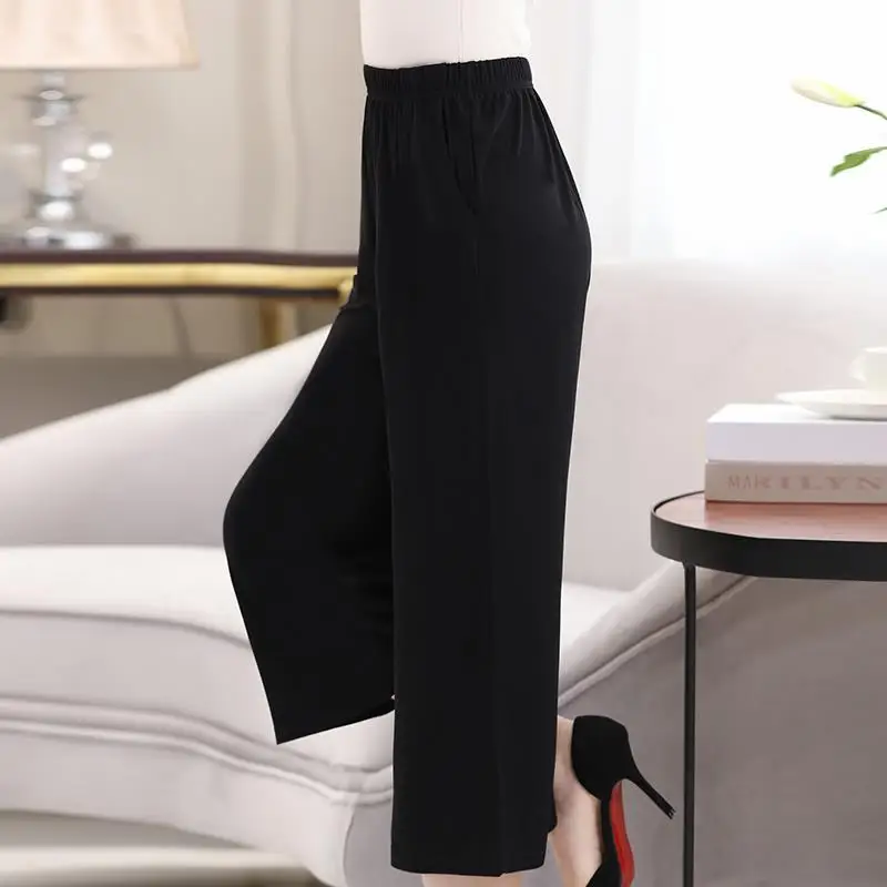 2024 New Summer Loose Casual Simple Elastic Waist Pocket Straight Tube Solid Color Versatile Cropped Wide Leg Pants for Women