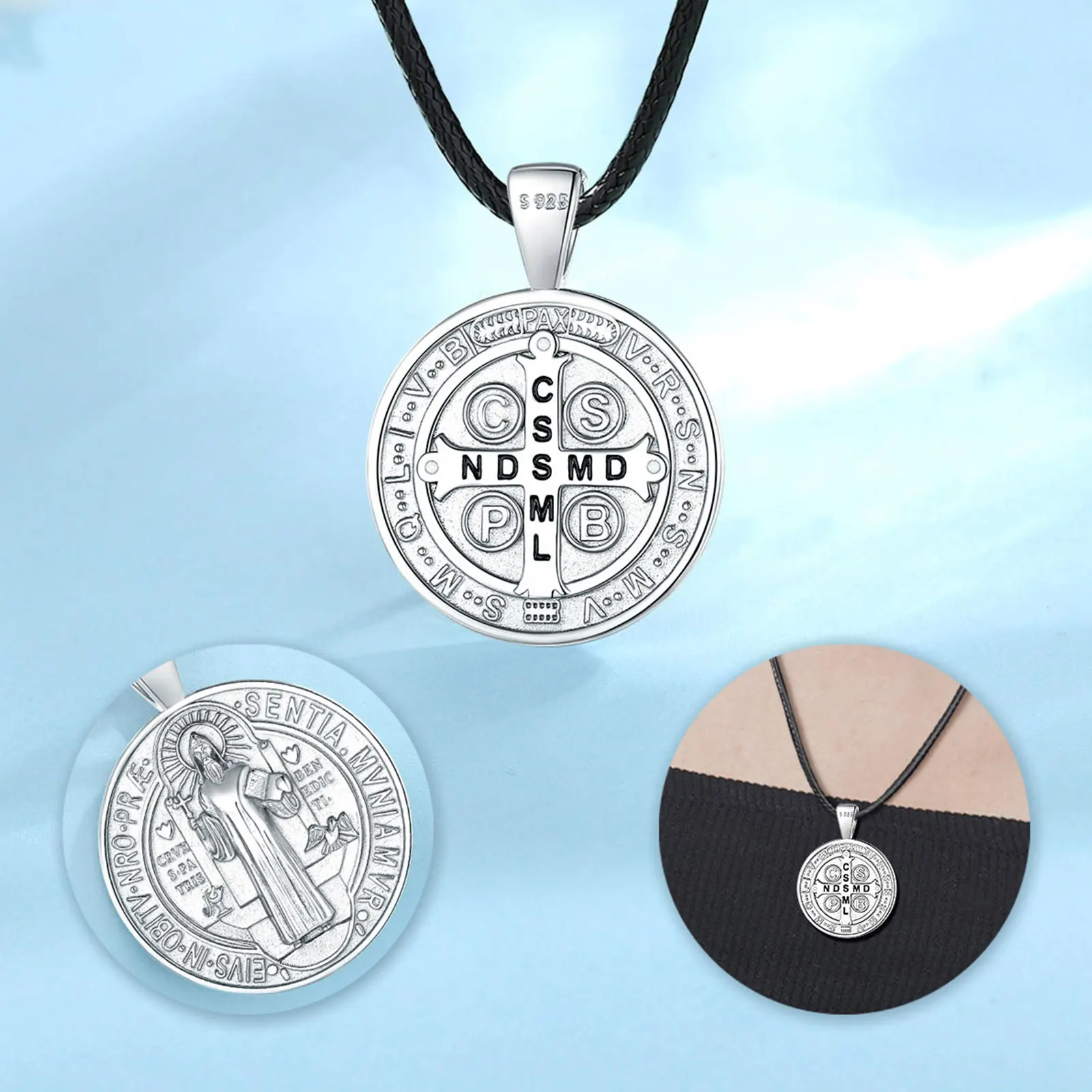Silver Necklace Eudora 925 Sterling Silver Saint Benedict Necklace Cross Amulet Religious Pendant San Benito Men Women Personality Jewelry Gift