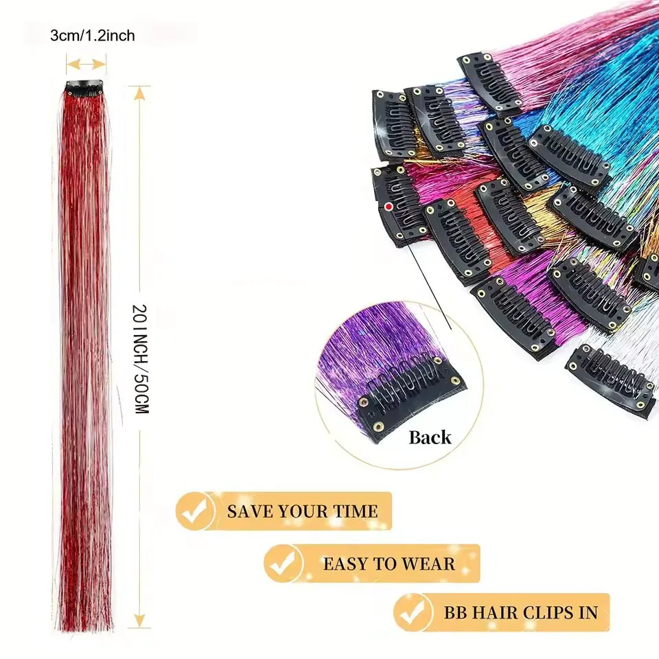 Synthetic Clip in Hair Tinsel24 Inch Colorfull Tinsel Hair Extensions 1Pcs/Pack for Women Girls Party Christmas New Year Gift