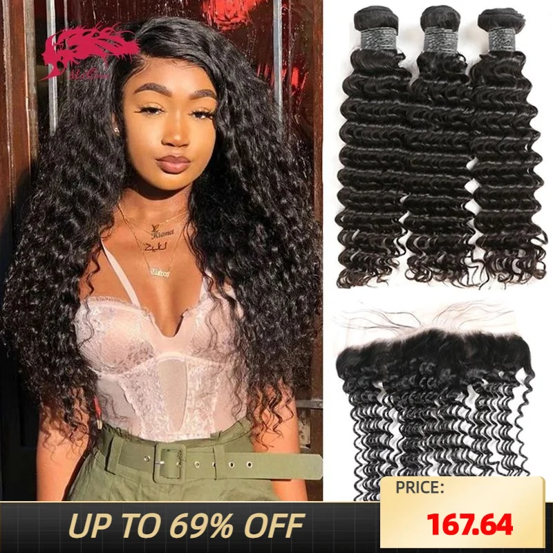 Ali Queen Hair Deep Wave Bundles Human Hair With Frontal 13x4 Peruvian Remy Hair Bundles With Closure Frontal Natural Wave Wigs