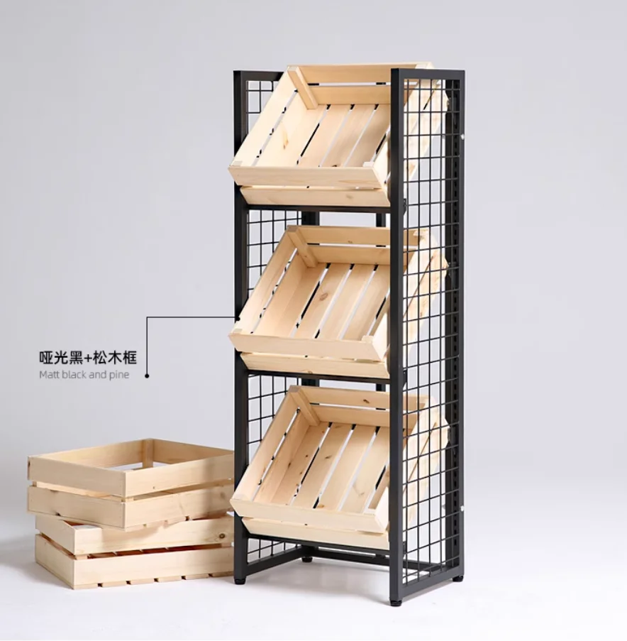 

Fruit store display shelf Supermarket vegetable rack wine steel and wood display