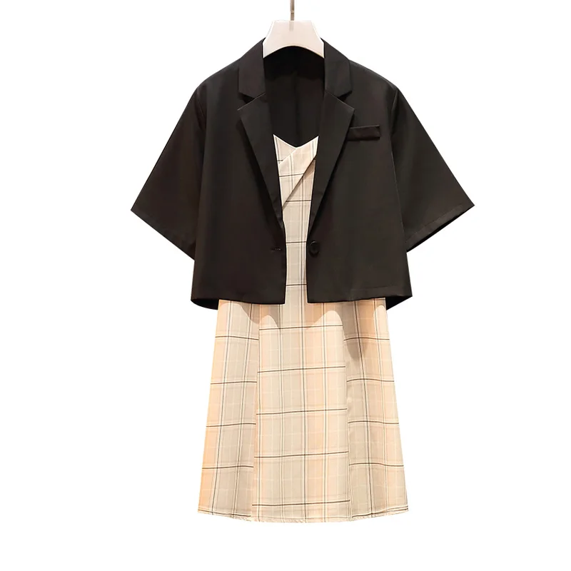 

Women Summer Office Dress Set Of Two Piece Short Sleeve Suit Coat Top And Midi Plaid Sling Dress Plus Size CasualMatching Outfi