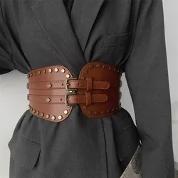 Women's Fashion PU Leather Rivet Elastic Corset Female Cummerbund Coat Waistband Dress Decration Wide Belt  J318