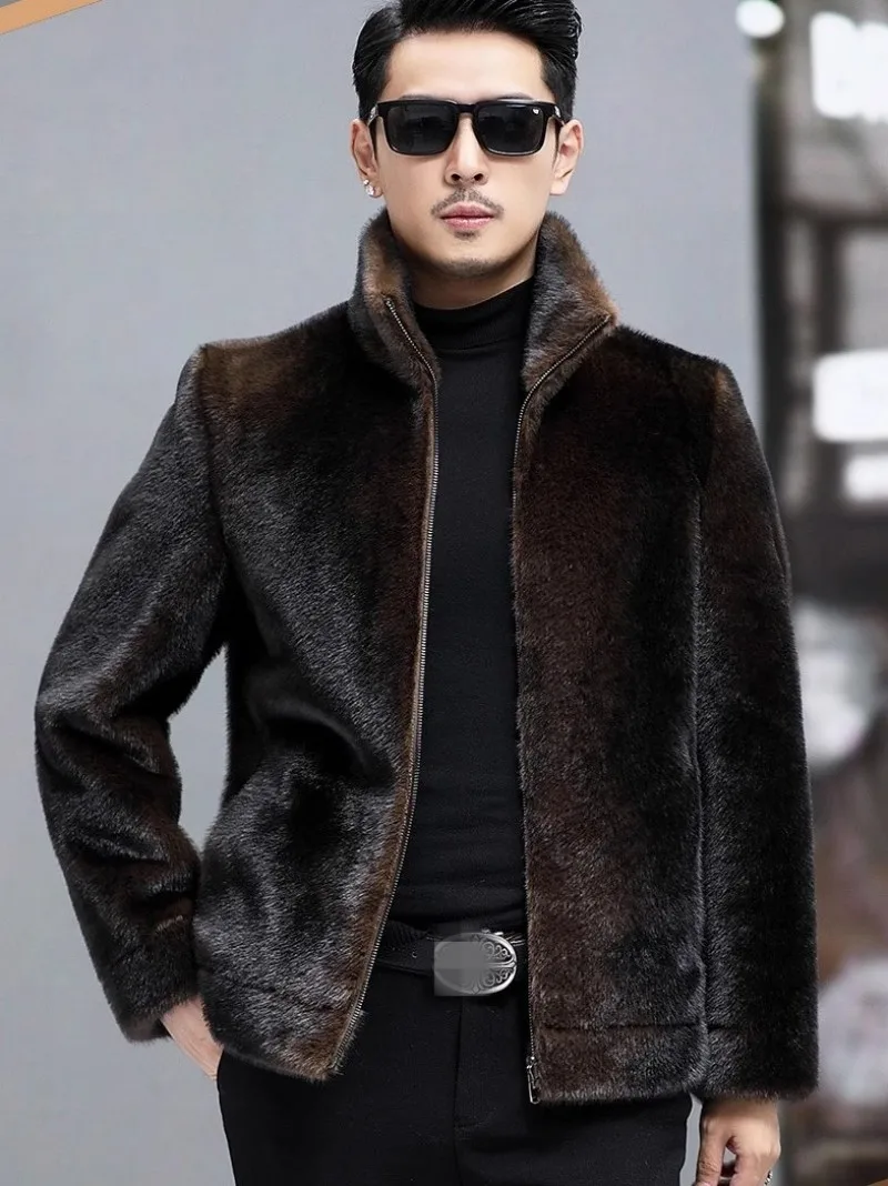 Description Picture 4 of itemLuxury Mens Faux Fur Coat Winter Fashion Stand Collar Long Sleeve Business Casual Double-Sided Jacket Male Outerwear Short Coats