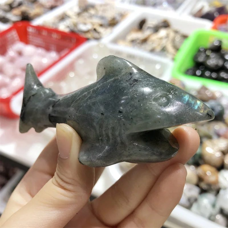 

10cm Labradorite Shark Carving Crystal Handmade Carved Polished Animal Powerful Statue For Home Decoration Gift