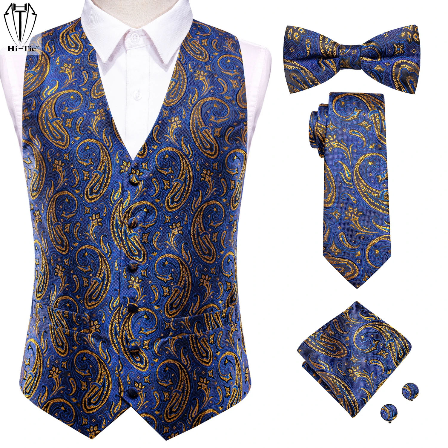 Hi Tie Navy Blue Gold Paisley Silk Mens Vest Tie Bowtie Hanky Cufflinks