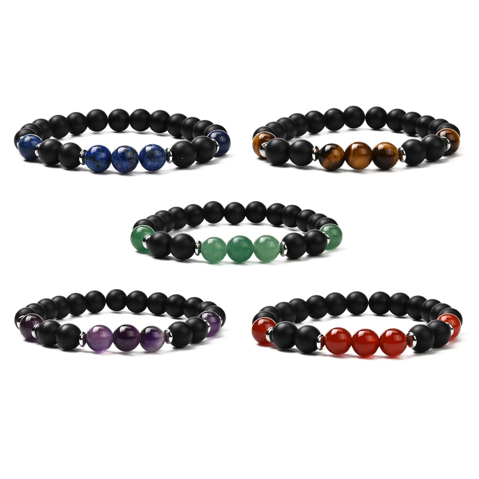 10pcs 8mm Black Round Natural Mixed Stone Beaded Bracelet Sets Elastic Rope Charm Bracelets for Men Women Jewelry Party Gift