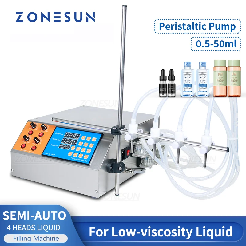 

ZONESUN 4 Heads Peristaltic Pump Filling Machine Semi-auto Bottle Liquid For Filler Vial Juice Beverage Soy Sauce Oil Perfume