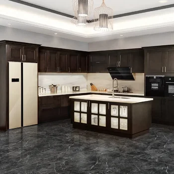 ตู้ครัวรูปตัวแอลสั่งทำพิเศษสุดหรู พร้อมไอส์แลนด์และเคาน์เตอร์ควอตซ์ (ไฮกลอส) 1