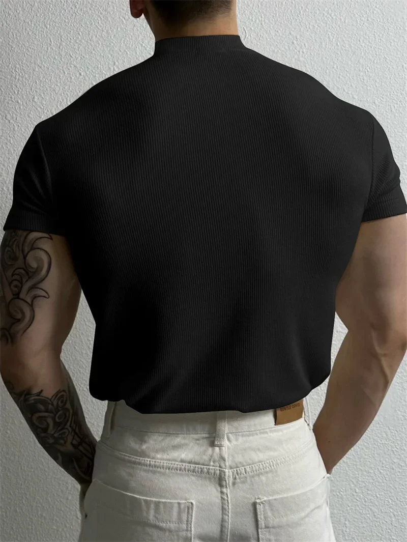 Short sleeve t shirt sport t shirt running t shirt running t shirts fitness clothes compression t shirt mens tank tops men t shirts men undershirts men linen t shirt Men summer fashion Men's T-shirt Small high collar stripe shirt short sleeve fitness top close-fitting sport T-shirt Mens sports