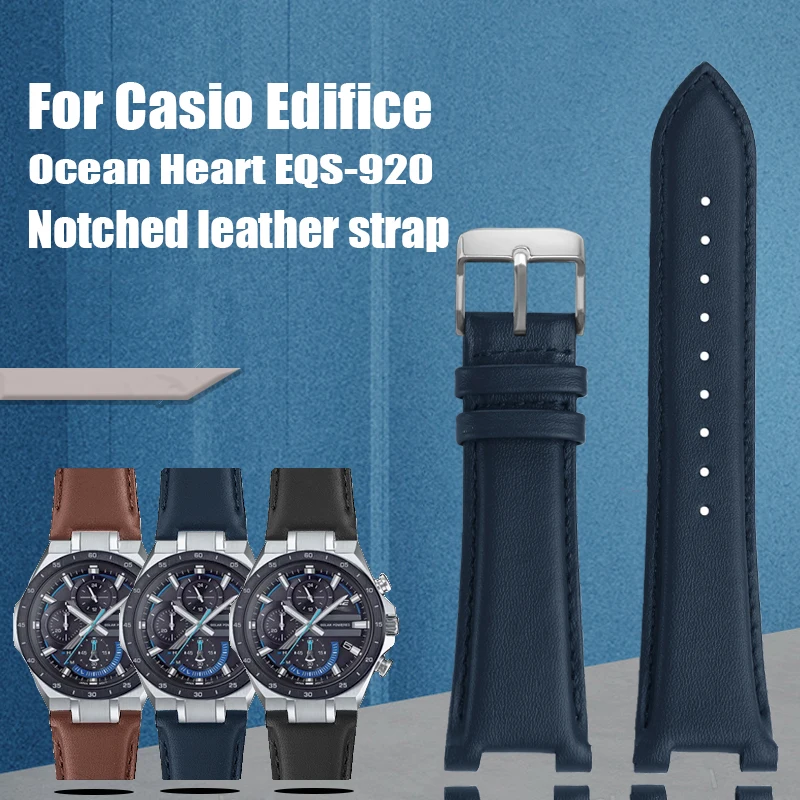 

For Casio Ediffice Ocean Heart Series Genuine Leather Watchband EQS-920/EQS-920BL Bracelet Blue 25MM Notched Cowhide Watch Strap