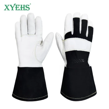 XYEHS 1 paio di guanti da lavoro di sicurezza per saldatura TIG in pelle di capra premium con polsino lungo resistente al calore e alle scintille