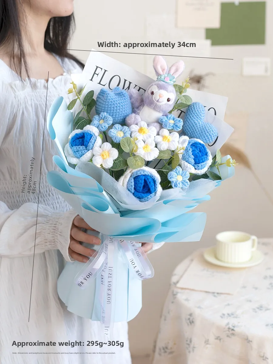 Handmade Knitted Wool Flower Bouquet Bridesmaid Handheld Flower Gift Crocheted Fiber Art Indoor Decorative Fake Flowers