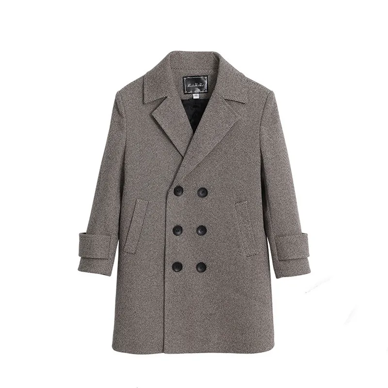 Boys Woolen Blends Coats For Autumn Winter New Fashion Solid Plus Cotton Warm Turn Collar Long Outerwear Children's Clothes