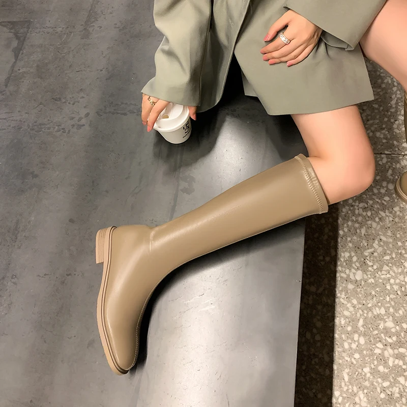 

2022new Autumn and winter Women knee-high boots 22-25cm elastic pu upper elastic boots Back zip low heel skinny boots long boots