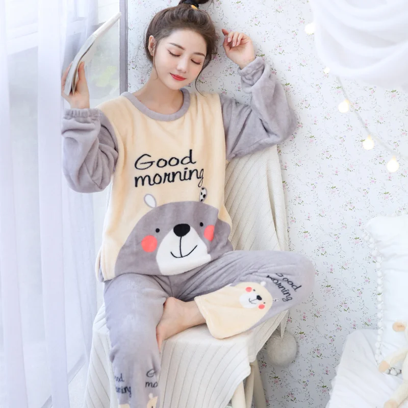 New Autumn Winter Warm Flannel Women Pyjamas Sets Thick Coral Velvet Long Sleeve Cartoon Sleepwear Flannel Pajamas Set Girl