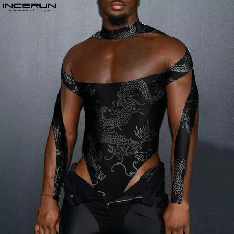 Men Bodysuits Lingerie Mesh Print Rompers