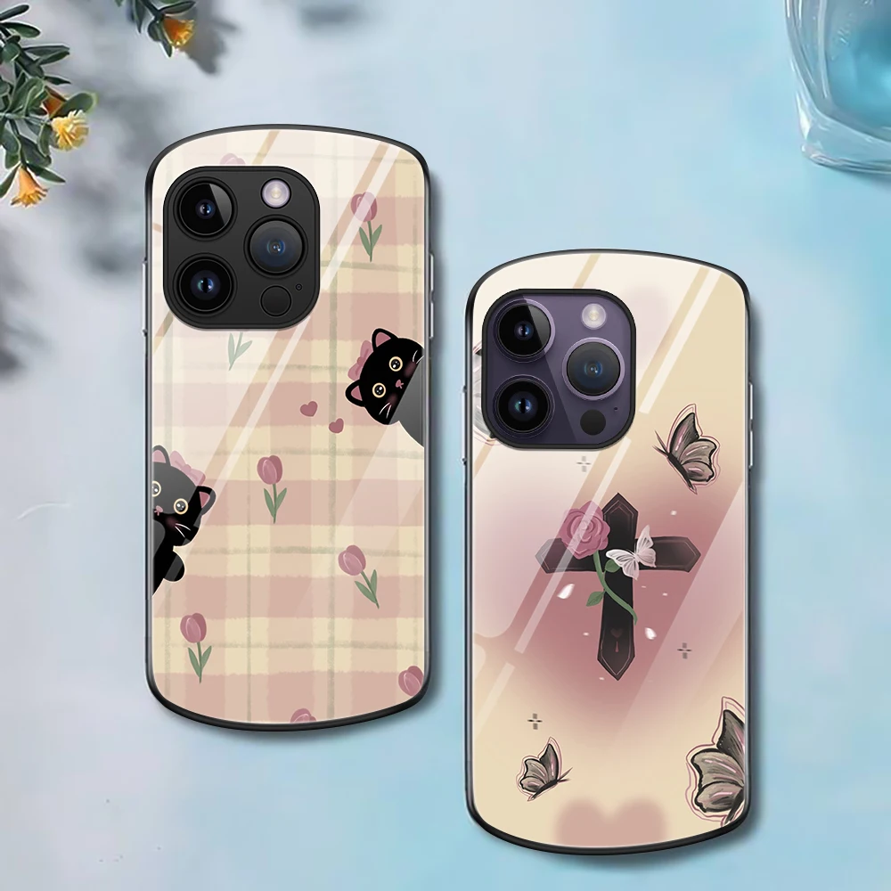 

ins Fashion Butterfly Phone Case for iPhone 15 14 13 12 11 ProMax XR XS Max 7 8 SE 2022 Luxury Oval Tempered Glass Coque Capa