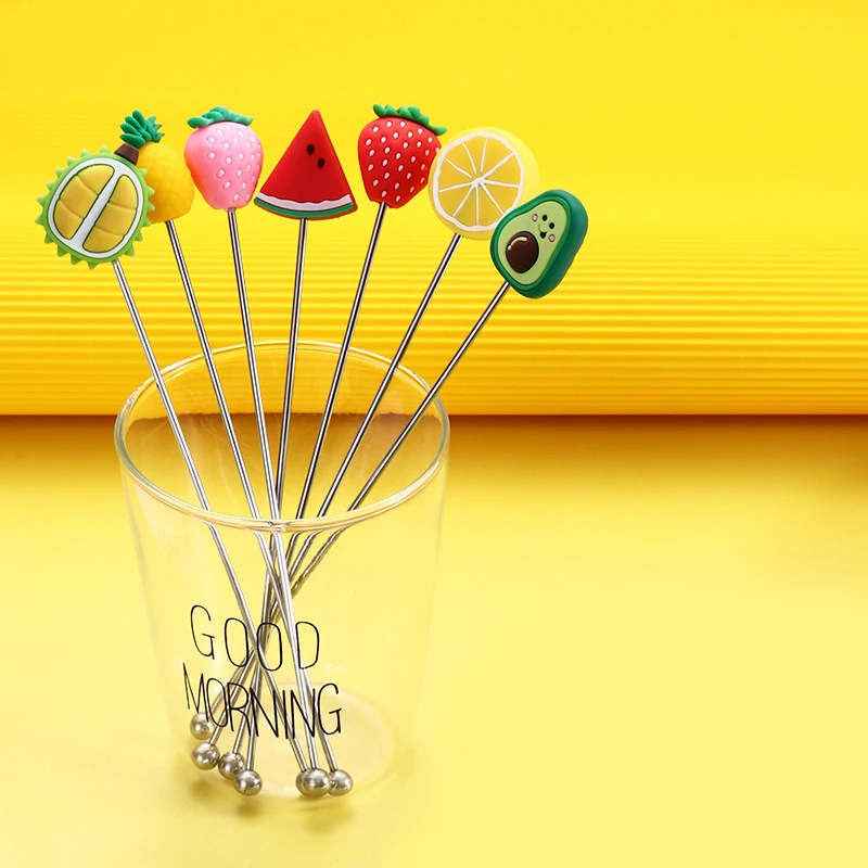 Stainless Steel Stirring Rod Fruit Bar Cocktail Stirring Spoon Milk Coffee Mixing Spoon Househeld Silicone Fruit Swizzle Sticks