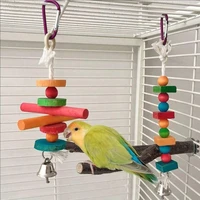 1 pc Random Color Wood Beads Hanging Bird Bite Skewers Toys Interactive Chew Teeth Toys with Bell for Pet Parrot Cage Decoration 1