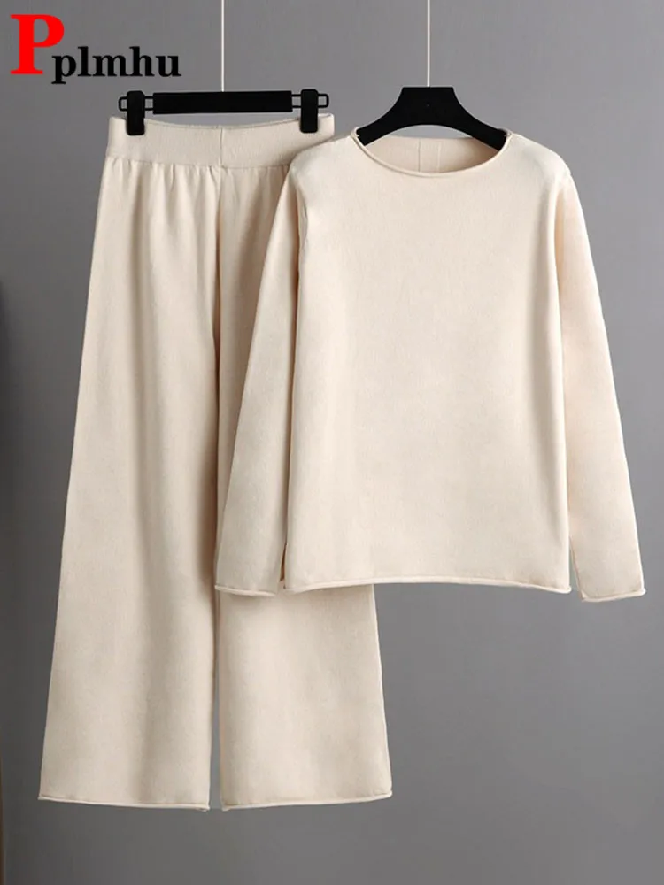 

Женский трикотажный комплект из 2 предметов, корейский пуловер с круглым вырезом и длинным рукавом и широкие брюки с высокой талией, одежда для весны и осени