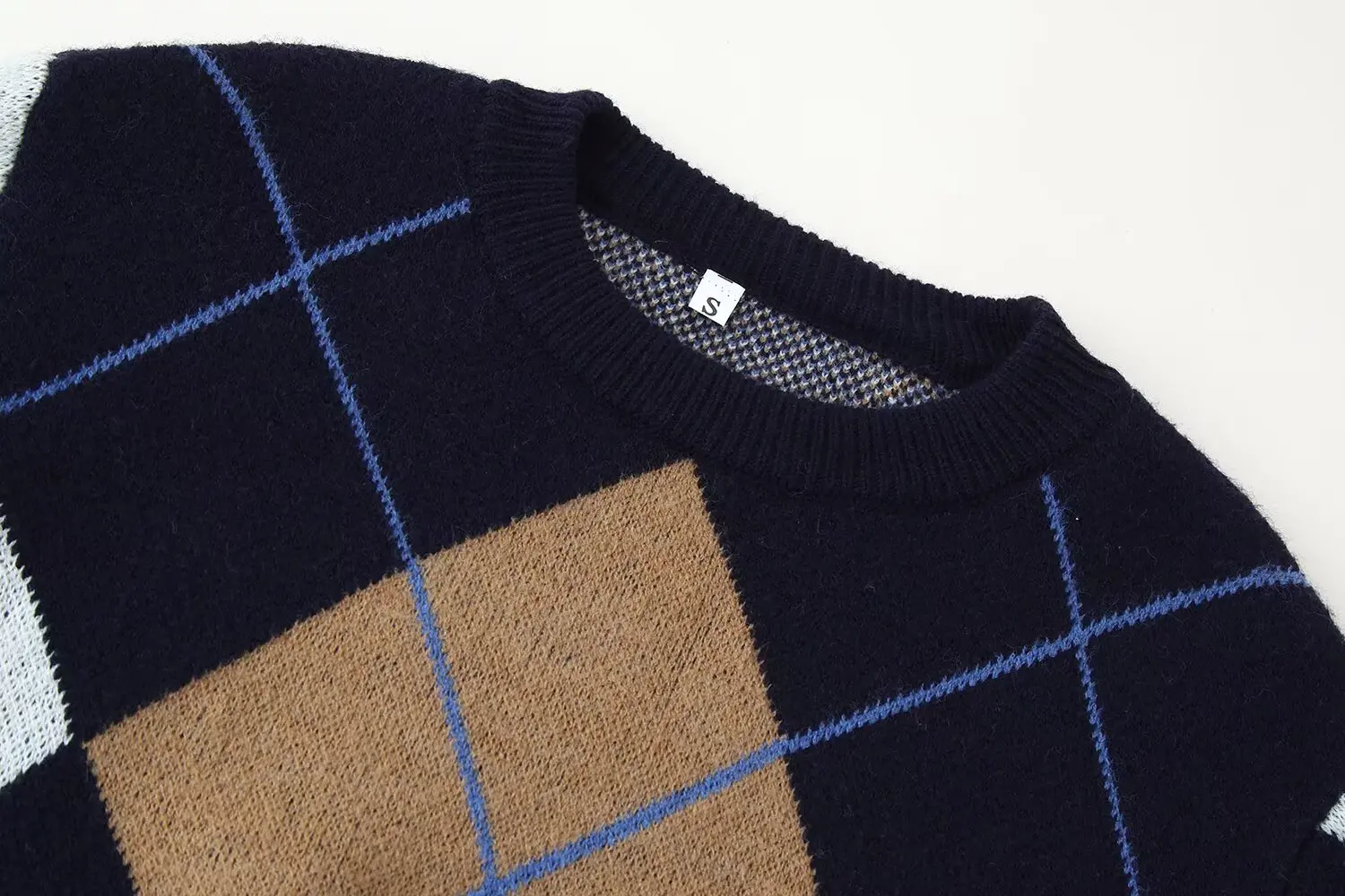 HH Damen Herbst Vielseitiger Rautenmuster-Pullover mit Langen Ärmeln, Rundhals-Oberteil im Casual-Streetstyle – Detail 4