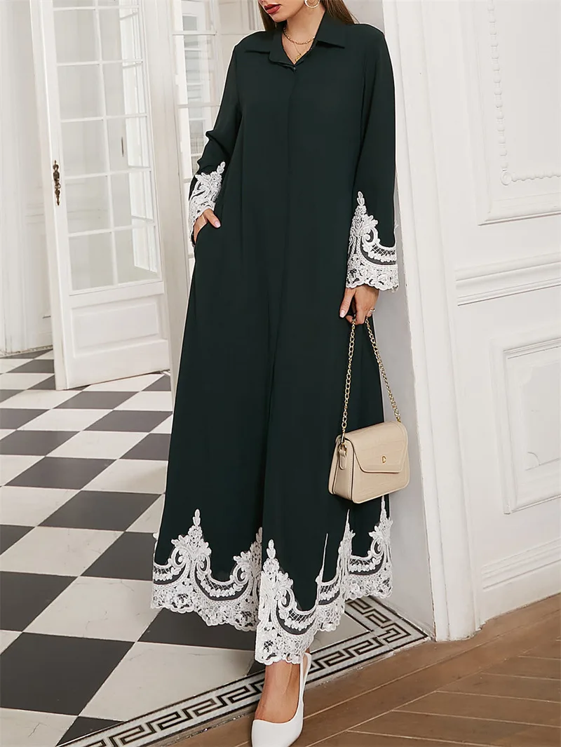 Eid Dubai Abaya Kimono Women Muslim Cardigan Islam Arabic Blouse Lace Turkish Long Dress Kaftan Robe Femme Musulmane (no Belt)