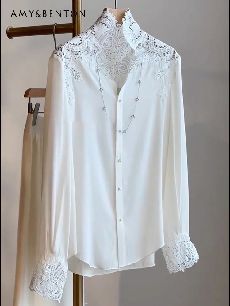 

Elegant Leisure Lace Stand Collar White Shirt Spring New Elegant Loose Slim Blouse Women Fashion All-Match Commute Style Shirts