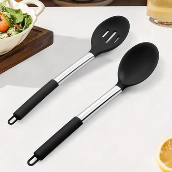 2 Pcs Silicone Cooking Spoons Kit with Stainless Steel Handle Salad Mixing Spoon Set Nonstick Cooking Tools Kitchen Utensils