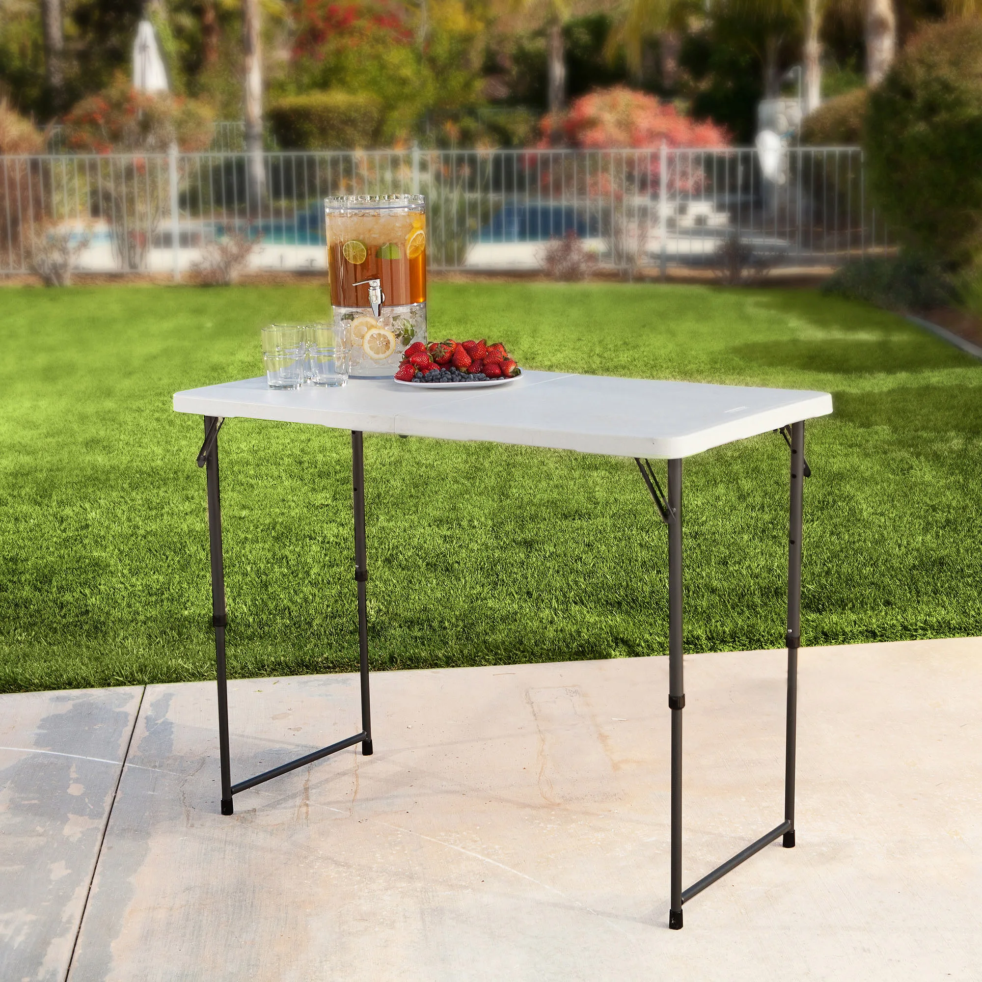 

4' Fold-In-Half Adjustable Height Table, White Granite Portable Plastic Indoor Outdoor Picnic Party Dining Camp Tables