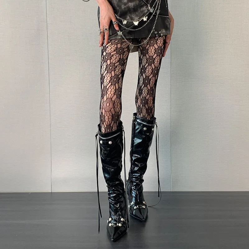 Frauen Schwarz Sexy Spitze Fishnet Floral Ausgehöhlte Strumpfhosen Lolita Süße Seidenstrümpfe JK Shaping Persönlichkeit Mesh Strumpfhosen – Detail 4