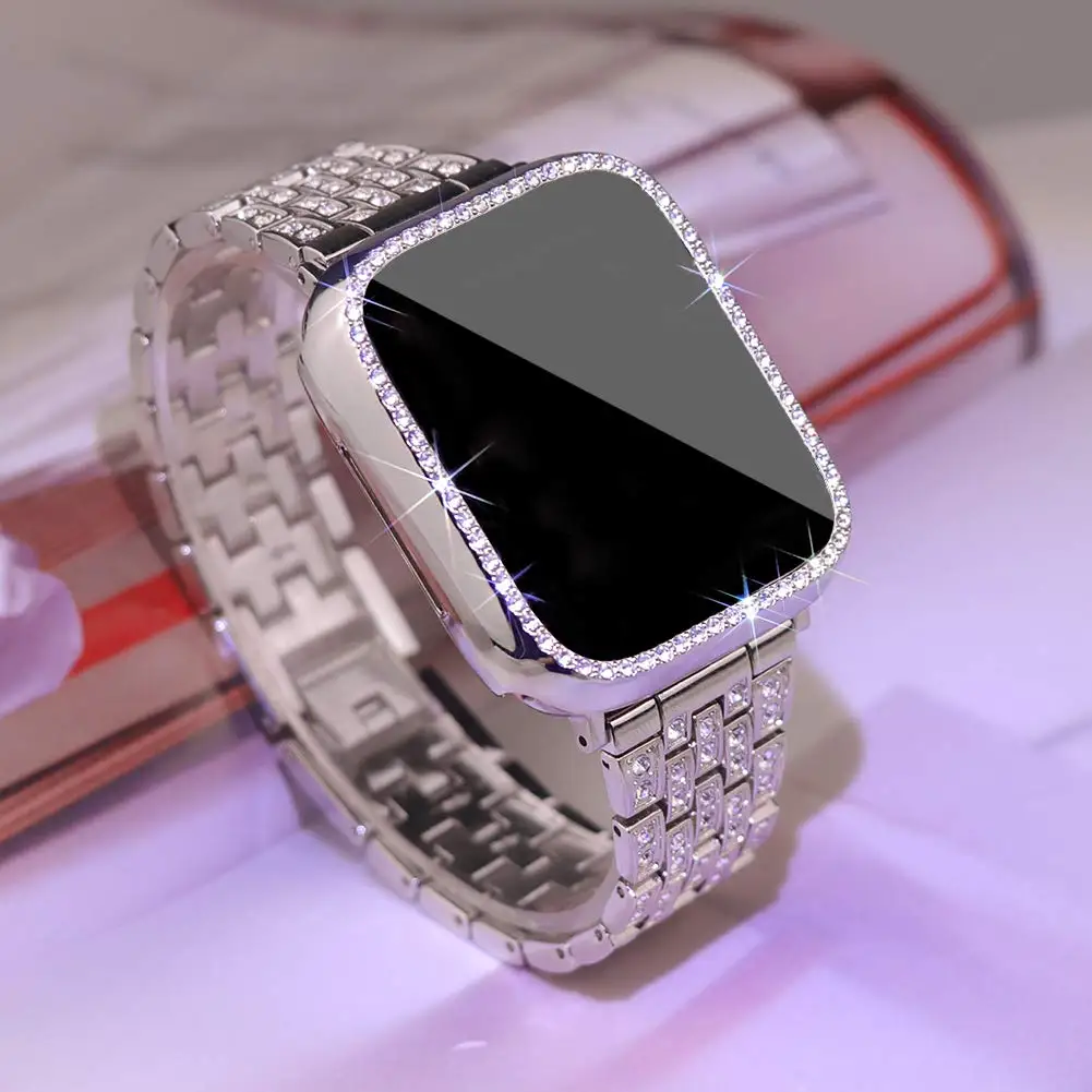 Elegant Diamond-Encrusted Watch Band with Protective Cover & Screen Protector