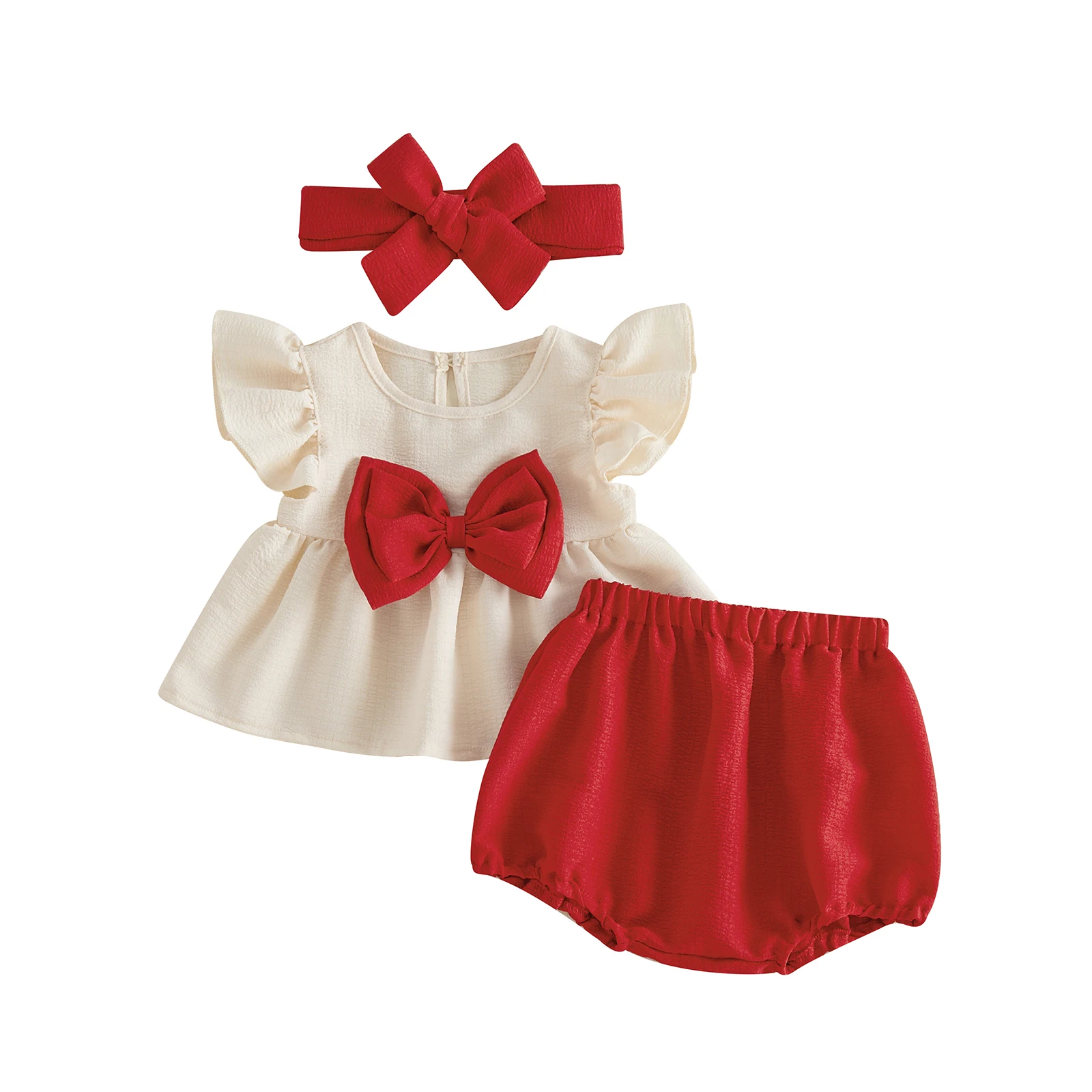 Pudcoco  소녀 여름 의상 Bowknot 장식 플라이 슬리브 크루 넥 탑 신축성있는 허리 반바지 머리띠 3Pcs 의류 세트 3M-24M
