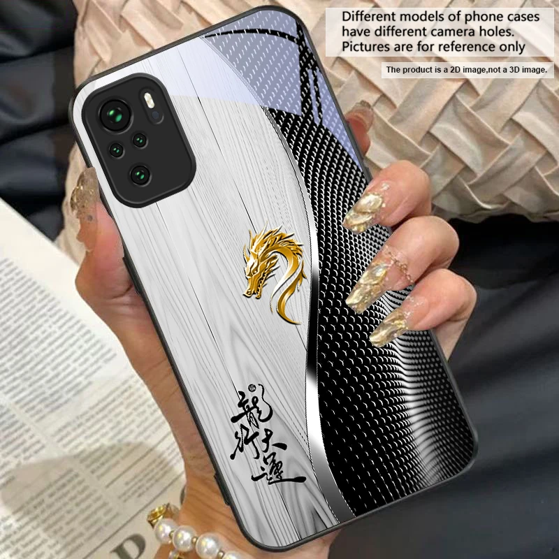 Elegant Black Tempered Glass Phone Case with Traditional Dragon Totem Design