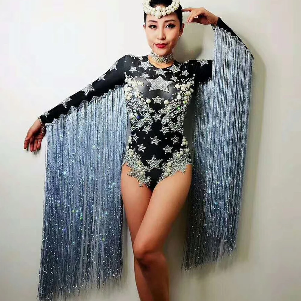 

Star Sparkle Bodysuits Women Tassel Rhinestone Drag Queen Outfit Dance Stage Wear 2022 Birthday Party Jumpsuit